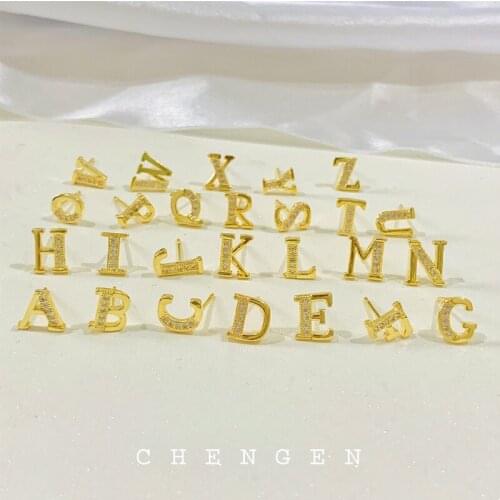 Korean 3A Zircon Earrings with gold-plated and color preserved 26 English letters