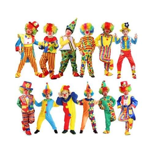Boy clown cosplay costume Purim Halloween Circus Clown Costumes girl Kids Funny Clown dress Costume Naughty Harlequin Uniform
