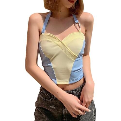 Women Halter Crop Tank Tops, Trendy Sleeveless Color Block Slim Fit Camisole with Metal Clip