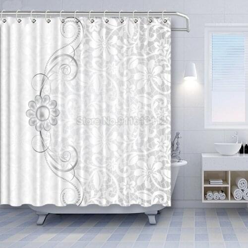 Grey Shower Curtain Lace Inspired Flourish Motifs Background with Bridal Flower Border Wedding Fabric Bath Curtains