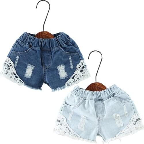 Summer Girls Lace Shorts Kids Girls Cute Hole Jeans Shorts Short Pants Pocket Denim Shorts Baby Jeans Children Clothes 2-12Y