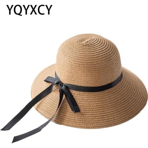 Summer Hats For Women With Ribbon Bow Straw Hat Sun Beach Hat Ladies Folding Bucket Hats Panama Cap Sunhat Windproof Rope