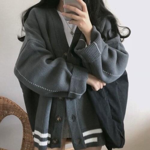 Korean Fashion Knitted Sweater Cardigan Tops Women College Style Vintage Loose Long Sleeve V-neck Sueters Jacket Autumn Winter