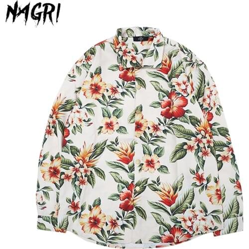 NAGRI Mens Long Sleeve Shirt Vintage Casual Vacation Collar Shirt Flora Hawaiian Beach Floral Shirts