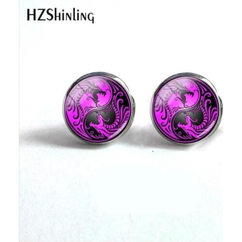 2018 New Yin Yang Dragons Earring Black Magenta Animals Earrings Round Jewelry Glass Cabochon Ear Stud For Women HZ4