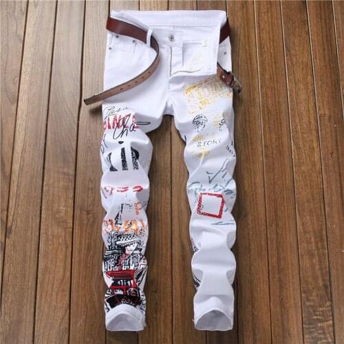 New European Style Digital Print Men Jeans Slim Fashionable Trousers Stretch Pants Small Feet Casual High Quality Denim Pants