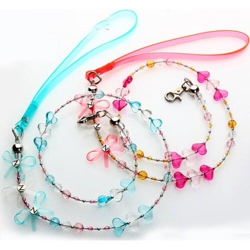 Transparent Dogs Collar+Leash Set Clear Crystals Pets Walking Lead With Bow S M L Pink Blue