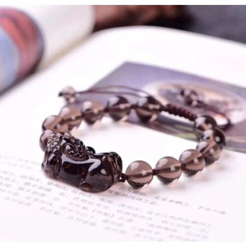 Drop Ship Gray Crystal Beaded Bracelet Manual Carved Pixiu 10mm 12mm Bead Bracelet Jade Bracelet Jade Jewelry
