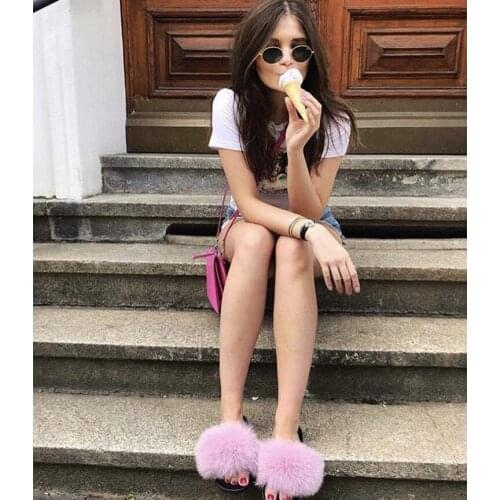 Fluffy Sliders Real Fox Fur Slippers Women Home Fur Slippers Summer Fashion Flats High Quality Fur Flip Flops