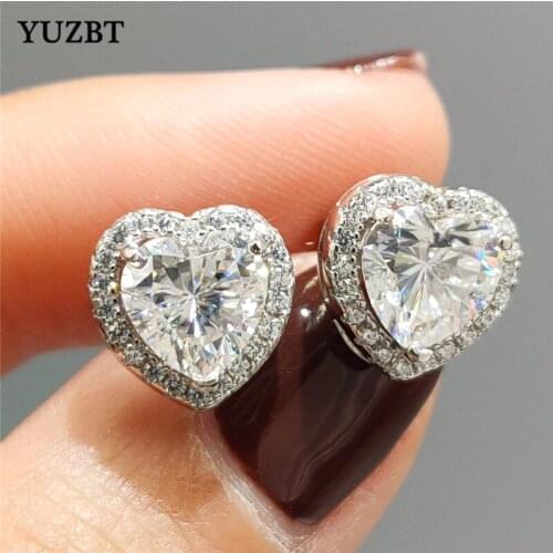 YUZBT Silver 925 Total 2ct Brilliant Cut Full Gemstone Love Earrings Diamond Test Past D Color Moissanite Heart Stud Earrings