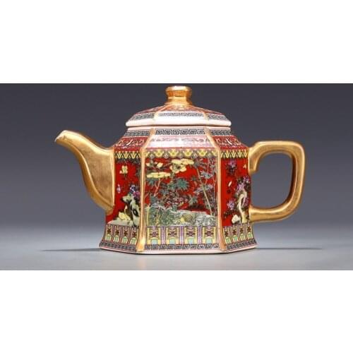 Jingdezhen Antique Qianlong Enamel Gold Teapot With Handle Hexagon Teapots With Flowers And Birds Pattern Ancient Ceramic Pot