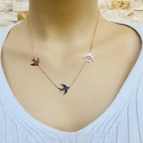 Three Swallows 925 Sterling Silver Necklace Women Girls Gift Jewelry Accessories Fashion Handmade Elegant Chain