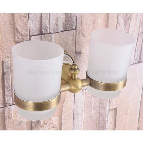 High Quality Bathroom Antique Brass Toothbrush Holder + Two Glass Cups Wall Mounted Bathroom Accessories zba582