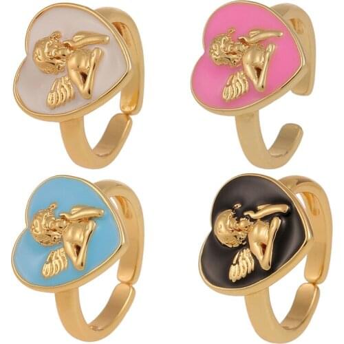 2021 Trend Candy Color Love Heart Shape Enamel Finger Rings Adjustable Lucky Angel Ring For Women Girls Best Jewelry Gifts