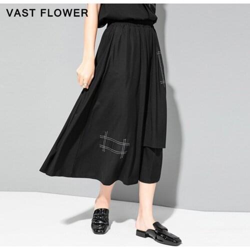 Women Black Irregular Bright Line Split Skirt New High Elastic Waist Loose Casual Midi A-Line Skirts Fashion Clothes Summer 2021