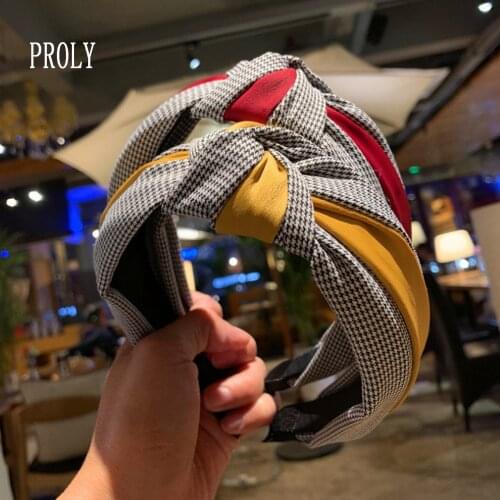 PROLY New Fashion Headband For Women Patchwork Houndstooth Hairband Wide Side Turban Leather Turban Hair Accessories