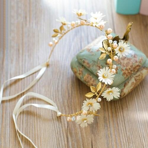 FORSEVEN Gold Leaf Daisy Flower Headband Bridal Tiaras Hair Jewelry Ribbon Wreath Pearl Headpiece Wedding Bride Hair Accessories