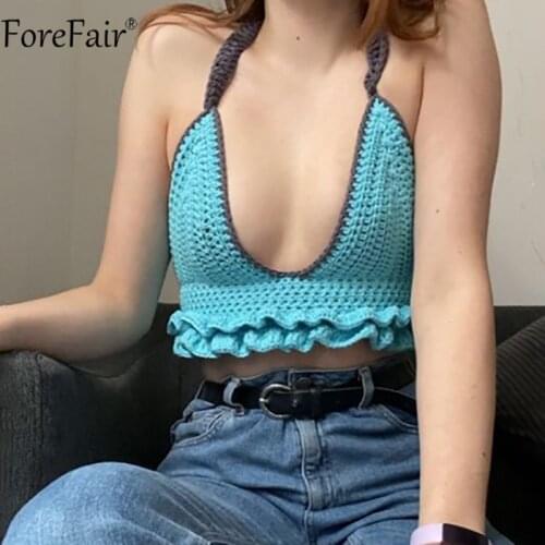 Forefair Summer Pink Deep V Neck Knit Y2k Crop Top Women Halter Camisole Backless Bandage Ruffle Blue Sexy Tank Top Fashion 2021