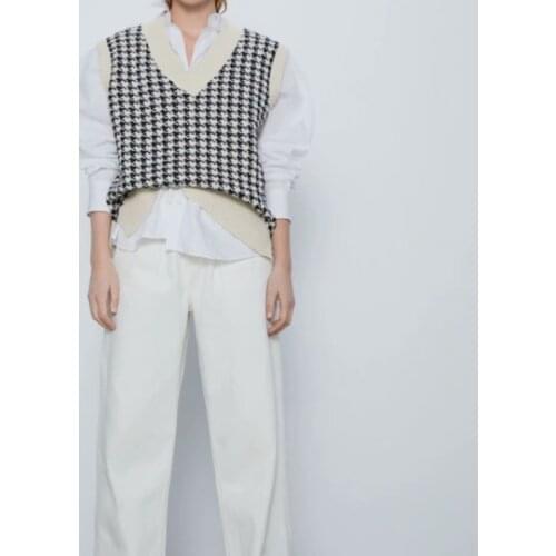 Women 2021 fashion oversized knitted vest sweater V neck sleeveless houndstooth loose female waistcoat chic tops
