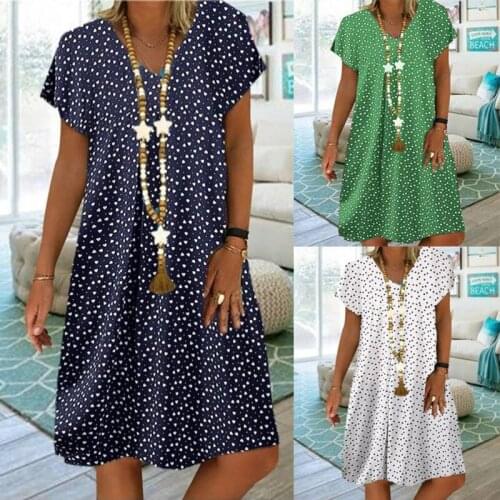 Women Mini Dress Summer Casual Loose Short Sleeve V-Neck Boho Beach Dresses Female Vintage Polka Dot Printing Party Dress