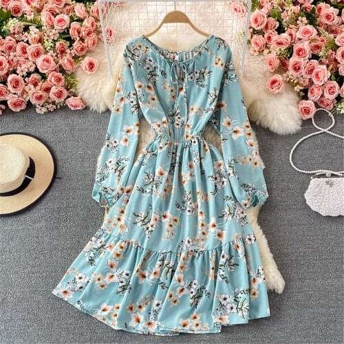 Women Floral Chiffon Autumn Dress 2021 O Neck Long Sleeve Robe High Waist Midi Dresses Ruffle Vestidos Female Clothing Atopos
