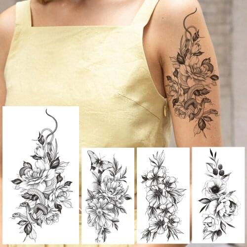 Snake Flower Temporary Tattoo For Women Butterfly Bloosom Peony Fake Tattoos Sticker Sleeve Hands Creative Lily Sweatpea Tatoos