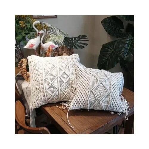 Boho Knitted Pillow Cover Bohemian Tassel Pillow Cushion Cover Beige Hand Made Home Sofa Car Decoration 40X40cm Zip Open