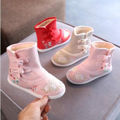 Children Hanfu Boots Girls Embroidered Snow boots Winter Chinese Wind Plush Velvet Boots Kids Baby Cloth Shoes Snow Boots 25-36
