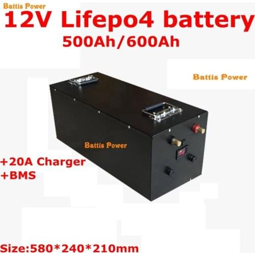 Deep cycle 12V 500Ah 600Ah Lifepo4 lithium battery 12V BMS 4S for solar Storage inverter RV caravans electric boat+20A charger