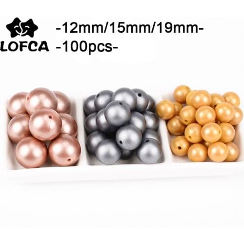 LOFCA 100pcs Metallic Silver Print Silicone beads 12/15/19mm Baby Teething Beads DIY Chewable food grade silicone Teether Round