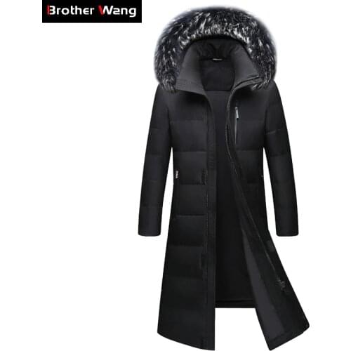 2020 Winter New Mens Knee Long Down Jacket Fashion Thicken Warm White Duck Down Fur Collar Hooded Parka Coat Male Brand Clothes