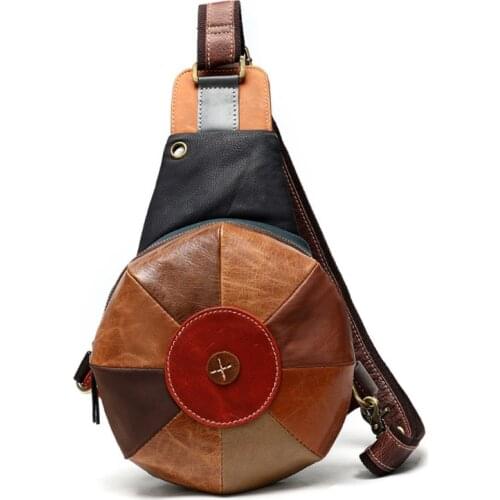 2021 New Casual Genuine Cow Leather Women Bag Retro Splicing Circular Chest Bags Fashion Headphone Hole Messenger Bag Sac A Main