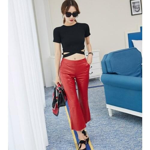 New Women Genuine Sheepskin Flare Real Natural Leather Luxury Trousers Korean Skinny High Waist Slim Female Pants