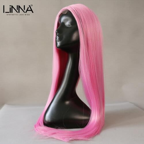 LINNA Synthetic Lace Wig For Women Long Straight Middle Part Lace 26 Inch High Temperature Fiber Purple Pink Wigs Cosplay Wig