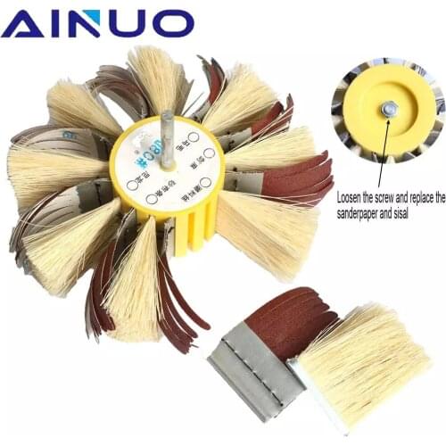 150mm* 6mm Shaft Mounted Sisal & Emery Cloth Bristle Polishing Brush Wheel for Primers Sanding Wood 80/120/180/240/320/400 Grit