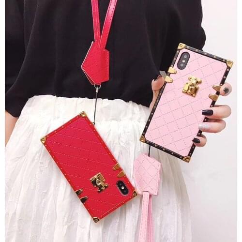 Hot Luxury Brand Square Lambskin Soft leather Lanyard phone case for iphone XR XS MAX 11Pro 12 7 8 plus fashion Sexy girl cover