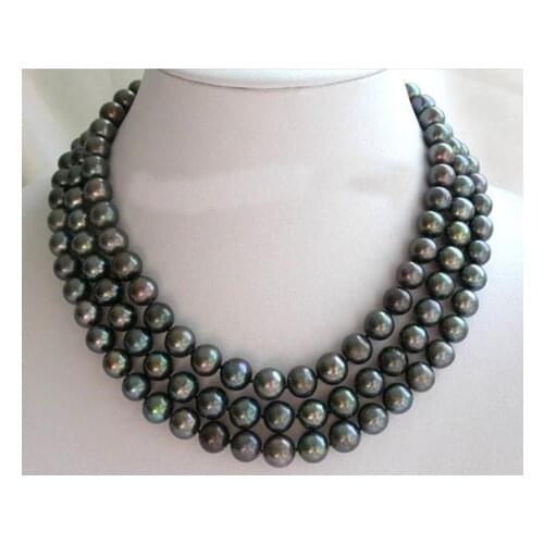 Stunning Real Pearl Jewellery, 3 Rows 9-10mm Perfect Round Peacock Black Freshwater Pearls Necklace,Fashion Women Birthday Gift