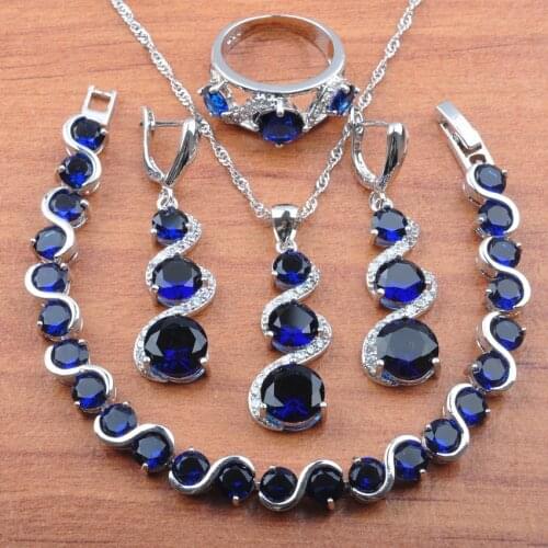 Russian Style Jewelry Set For Women Wedding Jewelry Blue Zirconia Silver Color Earring Bracelet Ring Bridal Jewellry JS0136