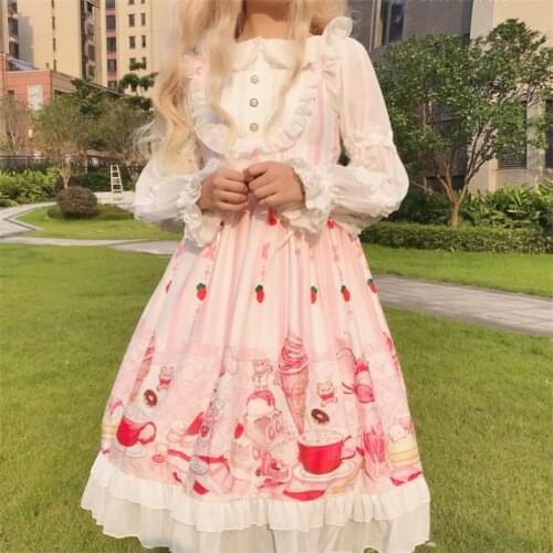 Sweet Lolita Style Japanese New Soft Girl Camisole Dress Kawaii Bear Printing Ruffles Sleeveless Cute Lace Girly Floral Dresse