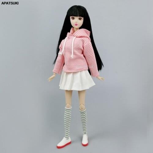 Pink Striped Top Hoodies Sweatshirt Pleated Skirts Suit Clothes for Barbie Doll Outfits for 1/6 BJD Dolls Accessories DIY
