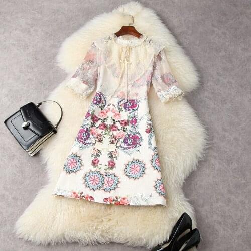 European and American womens wear for summer 2021 Five-quarter sleeve stand collar Lace splicing printing Fashion dress