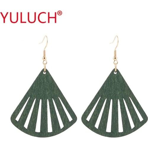 YULUCH Vintage Ethnic Earrings Natural Wooden Handmade Fan-shaped Pendant Earrings for Fashion African Women Jewelry Gifts
