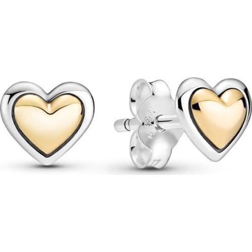Authentic 925 Sterling Silver Domed Golden Heart Fashion Stud Earrings For Pandora Women Bead Charm Gift DIY Jewelry