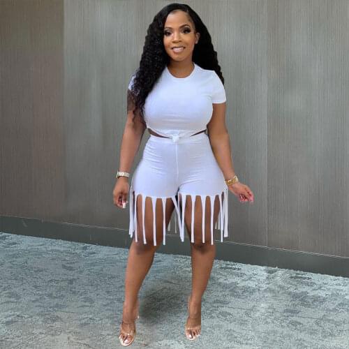 Two Piece Set Women 2021 Summer Short Sleeve T-shirt Crop Tops + Tassel Biker Shorts Fashion Tracksuit Club Sexy 2Pcs Set Female