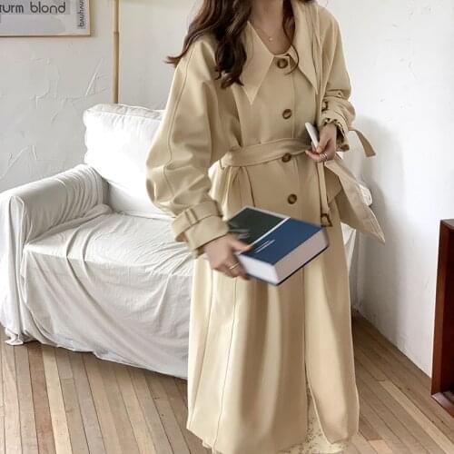 Autumn Double-breasted Womens Windbreaker Lapel Army Green lace-up Fashion Casual Solid Color Long Coat