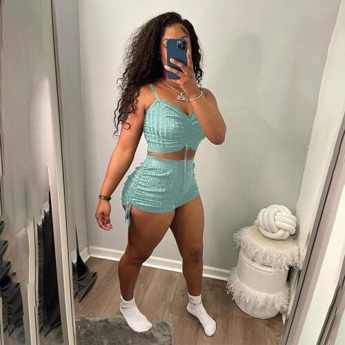 Solid Ribbed Knitted Suits Two Piece Sets for Women Spaghetti Strap Slim Fit Crop Top+ruched Drawstring Short Elastic Tracksuit