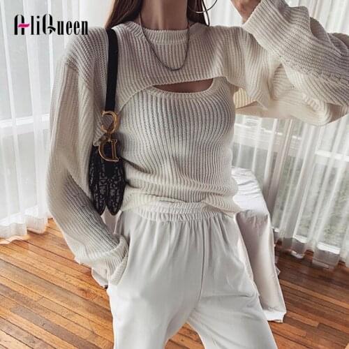 Autumn Spring Ladies Round Collar Long Sleeve Women Knitted 2 Pieces Pullover Sext Crop Tops + Sweater Vest Korean Fashion