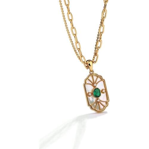 Silvology 925 Sterling Silver Emerald Pendant Necklace for Women French Palace Double Layer Chain Shell Necklace Luxury Jewelry