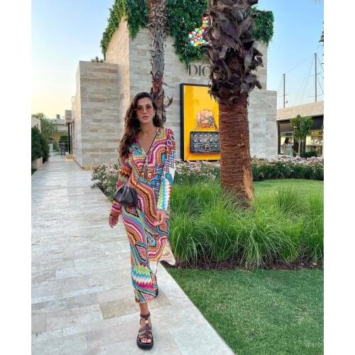 2021 Summer Women Beach Style Color Print Casual Slim Long Dress Female V Neck Split Vintage Ladies Long Sleeve Dress new