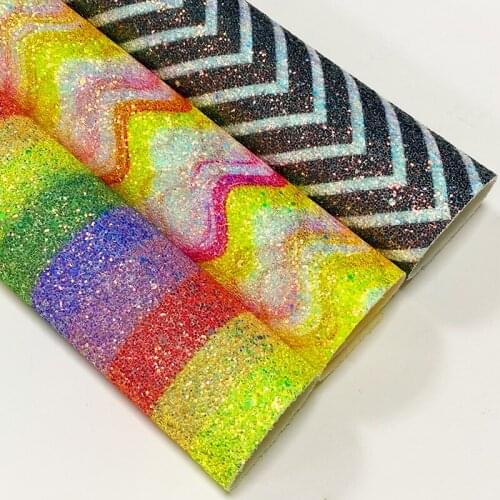 Colorful Shiny Iridescent Stripe Rainbow Design Chunky Glitter Printed Faux Leather Fabric Sheet for Shoe/Bag/DIY Accessories